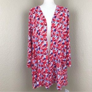 LuLaRoe Caroline Cardigan Abstract Floral Pattern Red White Blue Pink Pockets